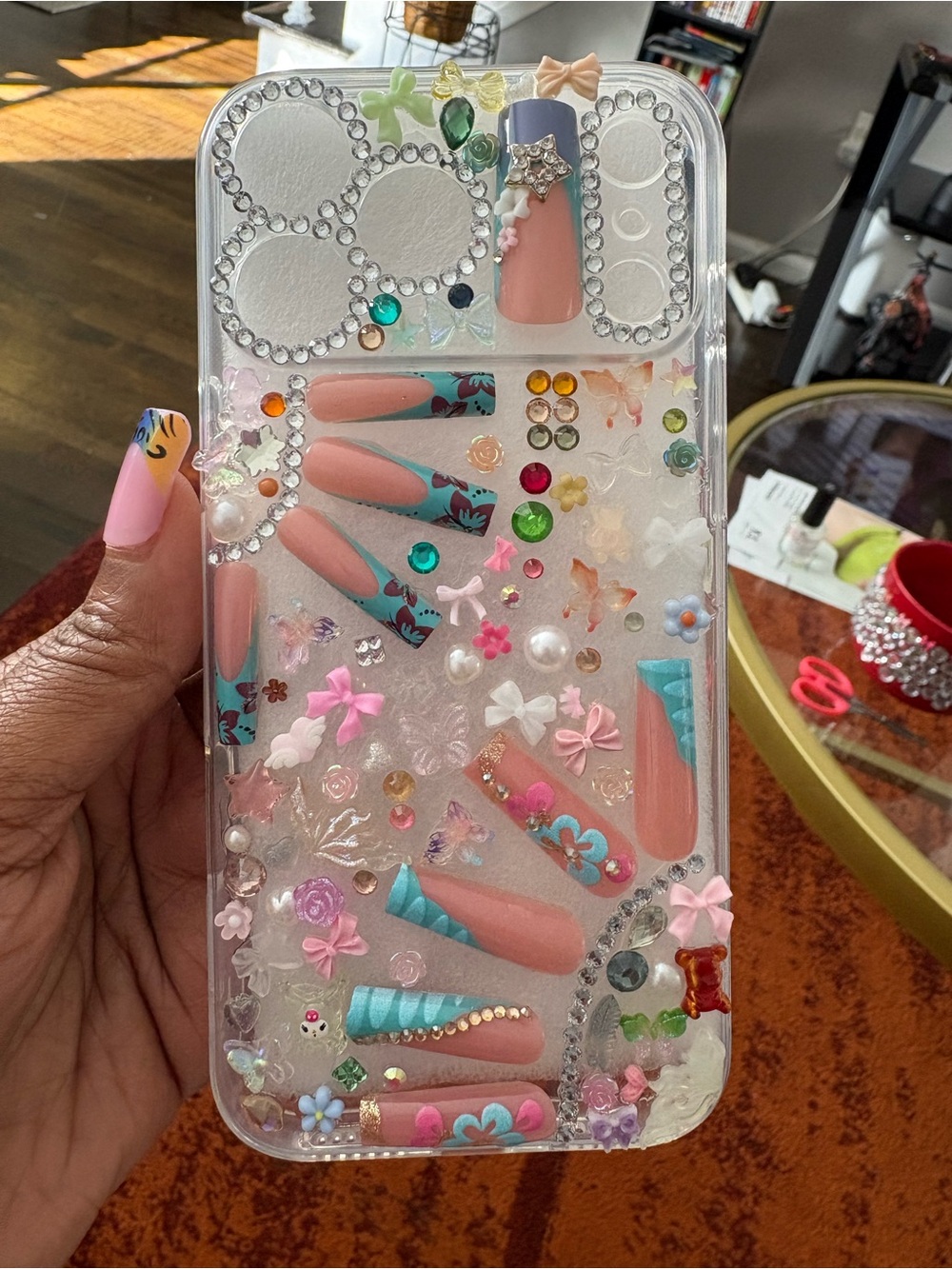 Apple Clear Phone Case with Pink & Aqua Nail Art and Rhinestones